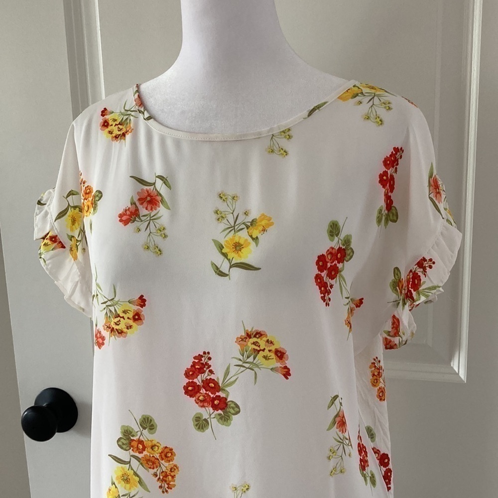 LOFT Small petite top floral white orange yellow ruffle short sleeves - Picture 4 of 10